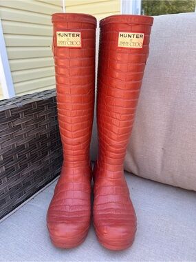 Rare Vintage Hunter x Jimmy Choo Tall Croc-Embossed Rain Boots - Burnt Orange